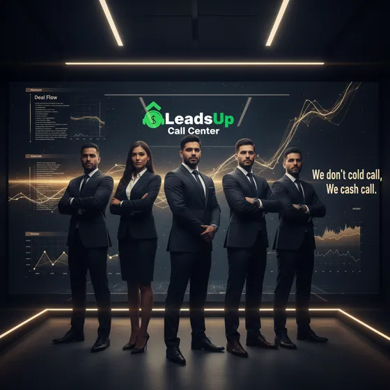 Five LeadsUp team members in dark suits in front of a Deal Flow wall display reading: We don't cold call. We cash call.