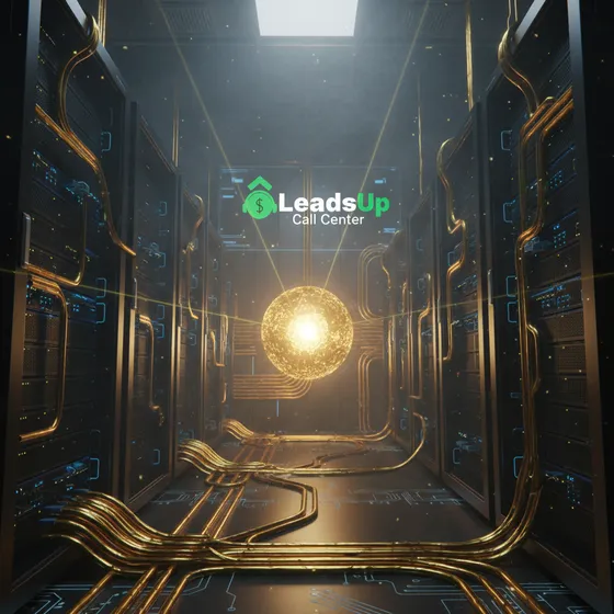 A data-centre corridor with a glowing golden core feeding gold circuitry along the floor, under the LeadsUp Call Center mark