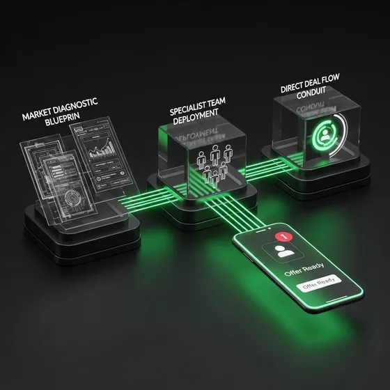 Three lit glass blocks — market blueprint, team deployment, deal-flow conduit — wired across to a phone reading Offer Ready