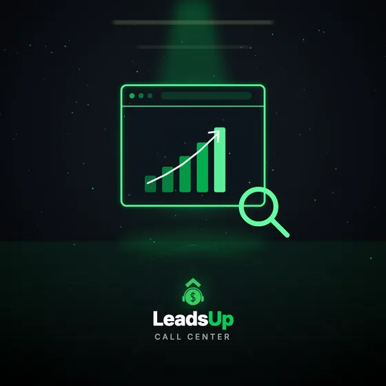 A LeadsUp plate: a browser window under a spotlight with a rising bar chart and trend arrow inside it, a magnifier over the corner