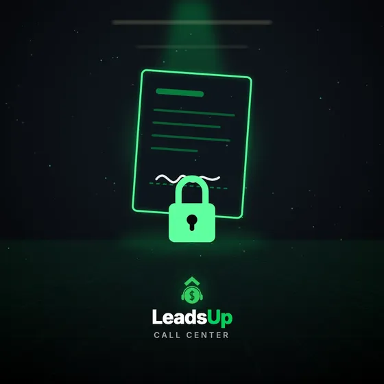A LeadsUp plate: a signed contract under a spotlight with a closed green padlock across it