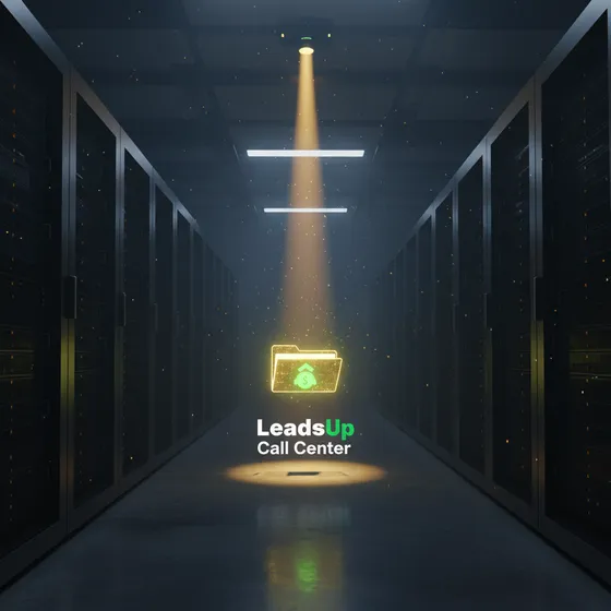 A darkened server aisle with a single spotlight on a glowing green file folder, under the LeadsUp Call Center mark